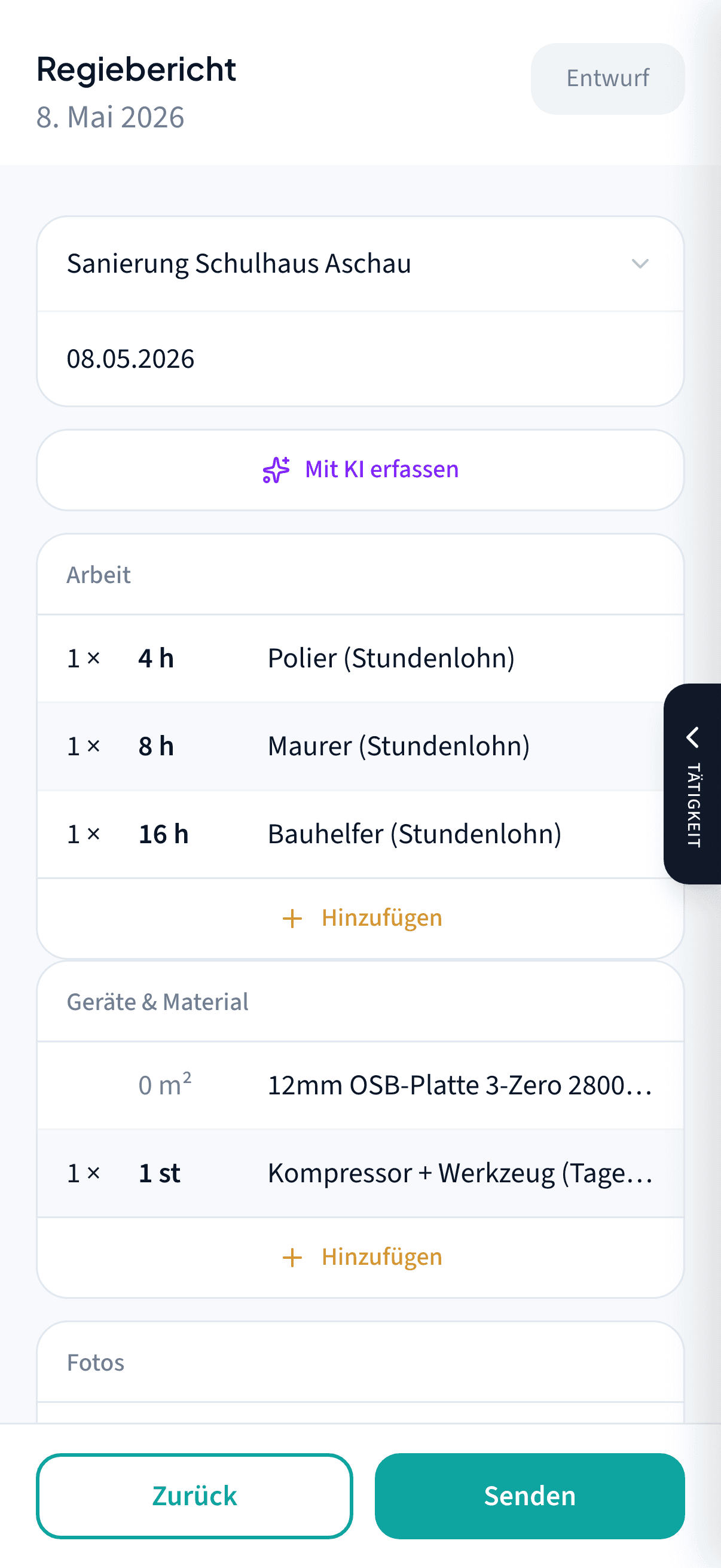 Klarsite Mobile-Ansicht: Bericht direkt auf der Baustelle erfassen